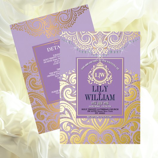 Lavendel Elegante Artdeco Diamond Monogram Huwelij Folie Uitnodiging
