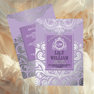 Lavendel Elegante Artdeco Diamond Monogram Huwelij Folie Uitnodiging