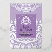 Lavendel Elegante Artdeco Diamond Monogram Huwelij Folie Uitnodiging (Voorkant)