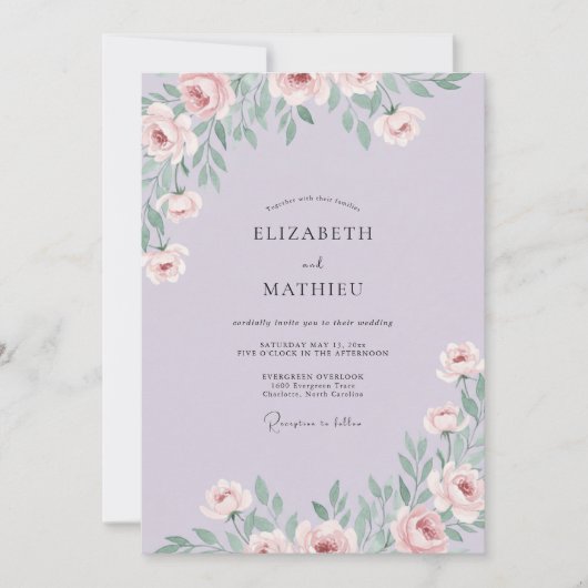 Lavendel Elegante Bloemige Bruiloft Kaart (Voorkant)