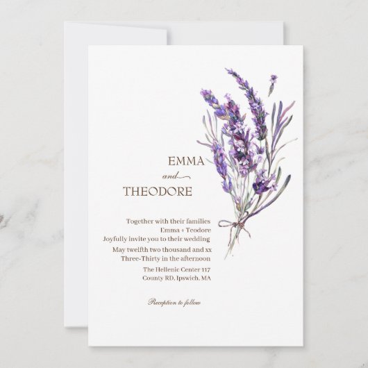 Lavendel Elegante eenvoudige mooie bloemenbruiloft Kaart (Voorkant)