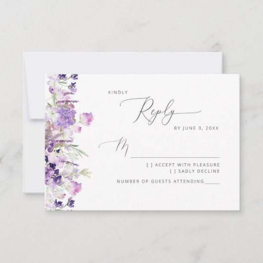 Lavendel elegante wilde bloemen bruiloft RSVP kaar (Voorkant)