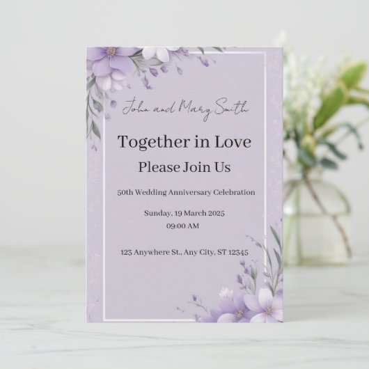 Lavendel Elegantie: Bruiloft Jubileum Uitnodiging (Staand voorkant)