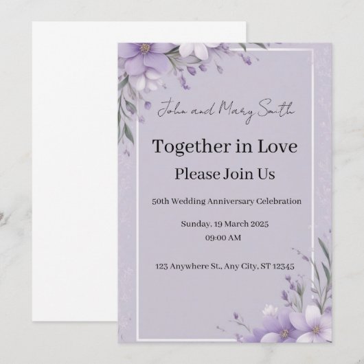 Lavendel Elegantie: Bruiloft Jubileum Uitnodiging (Voorkant / Achterkant)