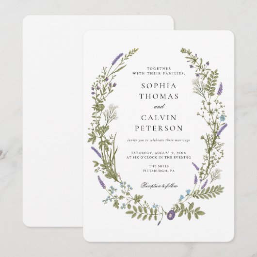 Lavendel en Baby Breath Wildflower Wreath Bruiloft Kaart (Voorkant / Achterkant)