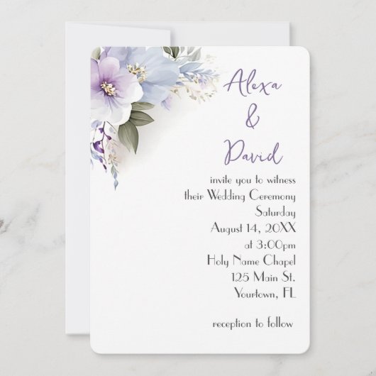 Lavendel en Blauw Bloemen Bruiloft Uitnodigen Kaart (Voorkant)