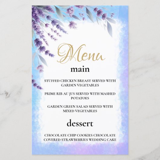 Lavendel en blauw Elegant Bloemen Waterverf Menu (Voorkant)