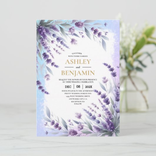 Lavendel En Blauwe Elegante Bloemige Waterverf Kaart (Staand voorkant)