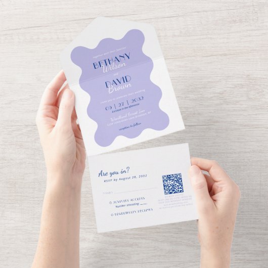 Lavendel en Blue Wave QR Code RSVP Bruiloft All In One Uitnodiging (Afscheurbaar)