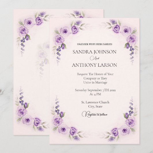 Lavendel en Blush Roos huwelijksuitnodiging Kaart (Voorkant / Achterkant)