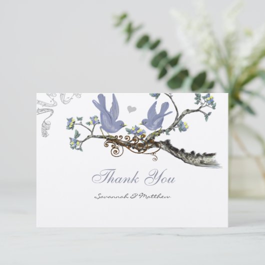 Lavendel en citroengeel  Vogelbruiloft Bedankkaart (Staand voorkant)