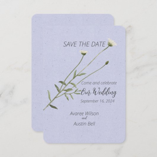 Lavendel en een enkele madelief save the date (Voorkant / Achterkant)