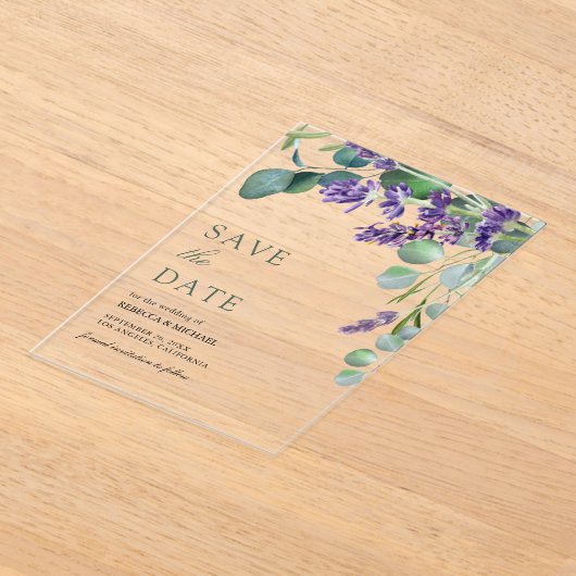 Lavendel en Eucalyptus bruiloft Bewaar de datum Acryl Uitnodigingen (Laagn)