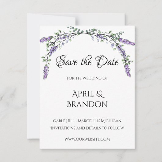 Lavendel en Eucalyptus bruiloft Save The Date (Voorkant)