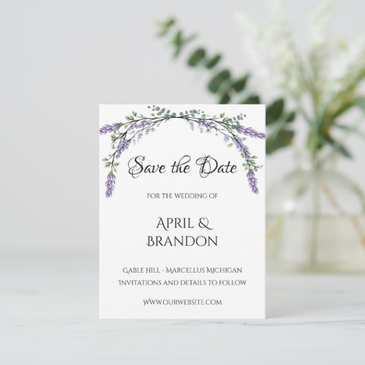 Lavendel en Eucalyptus bruiloft Save The Date (Staand voorkant)