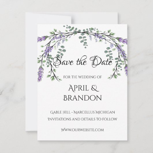 Lavendel en Eucalyptus bruiloft Save The Date (Voorkant)