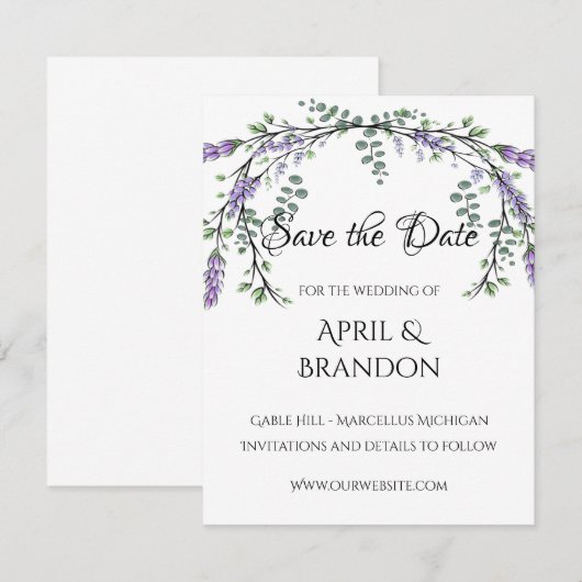 Lavendel en Eucalyptus bruiloft Save The Date (Voorkant / Achterkant)