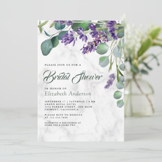 Lavendel en Eucalyptus Witte Marmeren Bruidsontbij Kaart (Staand voorkant)