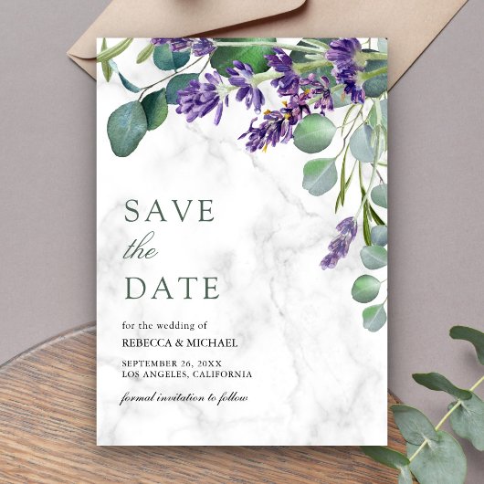Lavendel en Eucalyptus Witte Marmeren Huwelijk Save The Date