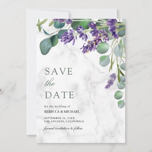 Lavendel en Eucalyptus Witte Marmeren Huwelijk Save The Date (Voorkant)