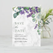 Lavendel en Eucalyptus Witte Marmeren Huwelijk Save The Date (Staand voorkant)