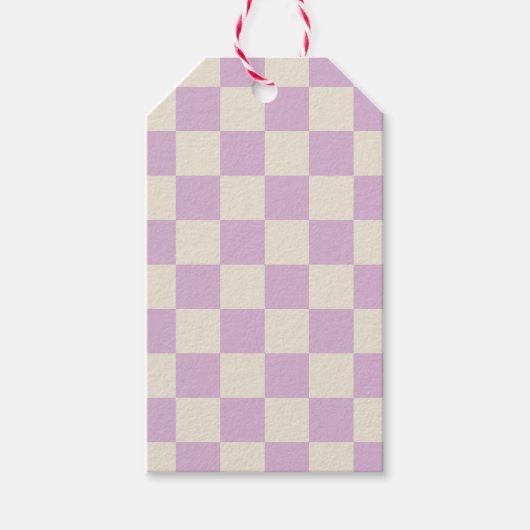 Lavendel en gebroken wit dambord cadeaulabel (Voorkant)