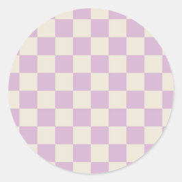 Lavendel en gebroken wit dambord ronde sticker