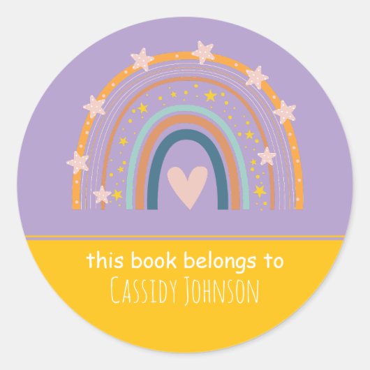 Lavendel en geel regenboog kindernaam ronde sticker (Voorkant)