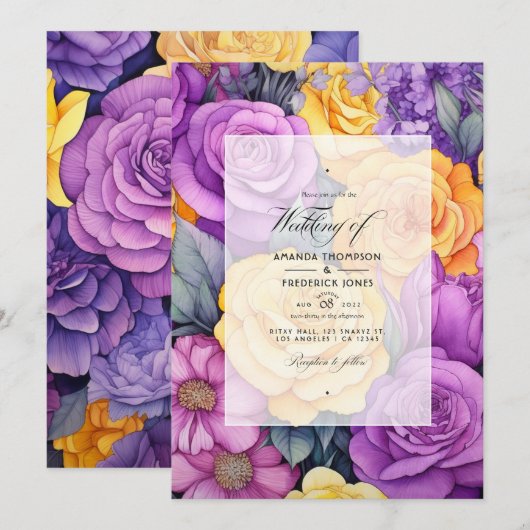 Lavendel en Gele Bloemenlente Bruiloft Kaart (Voorkant / Achterkant)