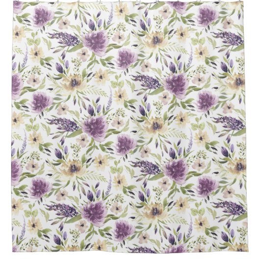 Lavendel en Gele Waterverf Bloemenpatroon Douchegordijn (Voorkant)