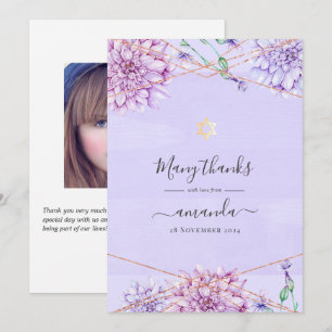 Lavendel en gouden bloemengeometrische Bat Mitzvah Bedankkaart