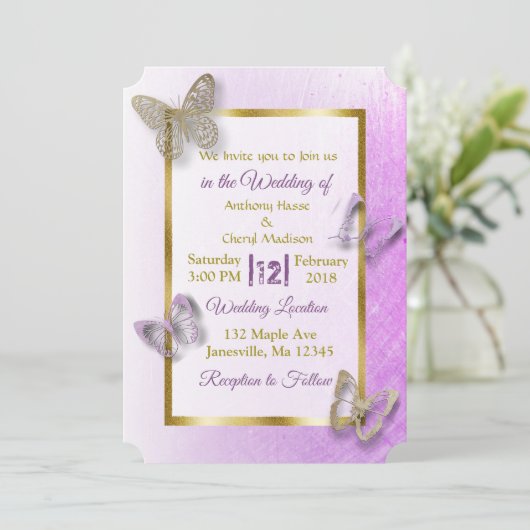 Lavendel en gouden vlinder bruiloft uitnodigingen (Staand voorkant)