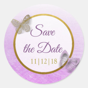 Lavendel en gouden vlinder Save the Date Stickers