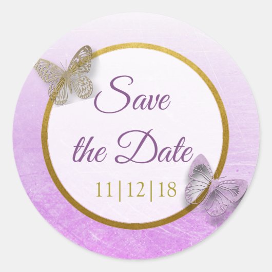 Lavendel en gouden vlinder Save the Date Stickers (Voorkant)
