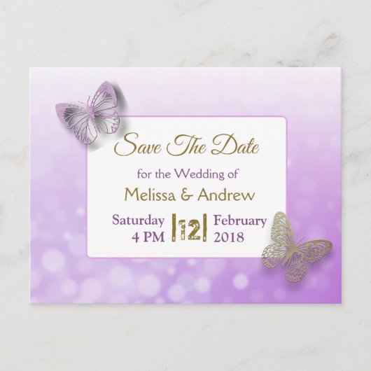 Lavendel en gouden vlinder Save the Dates Bruiloft Aankondigingskaart (Voorkant)
