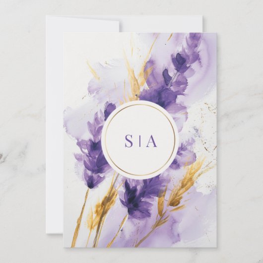 Lavendel en gouden Waterverf bloemenbruiloft Kaart (Voorkant)