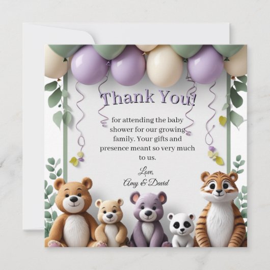 Lavendel en groen dier plat dank u kaart (Voorkant)