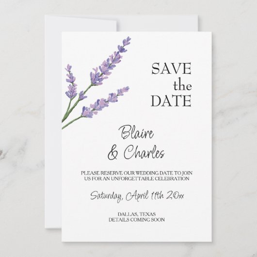 Lavendel en groene bloem Save The Date Kaart (Voorkant)