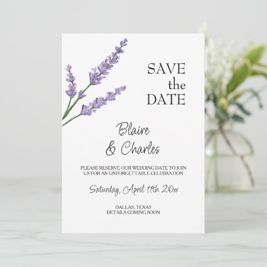 Lavendel en groene bloem Save The Date Kaart (Staand voorkant)