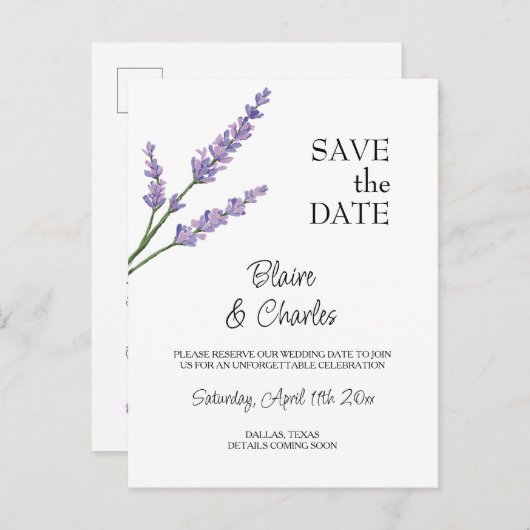 Lavendel en groene Briefkaarten Save the Date Kaar (Voorkant / Achterkant)