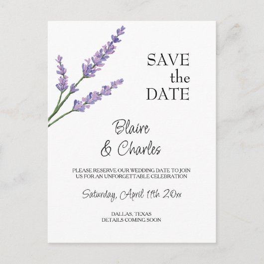 Lavendel en groene Briefkaarten Save the Date Kaar (Voorkant)