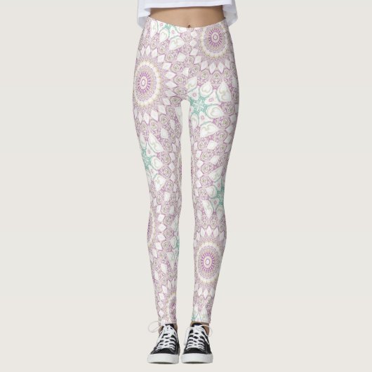 Lavendel en groene pastel Mandala patroon ontwerp Leggings (Voorkant)