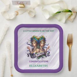 Lavendel en groene Tweeling Zodiac Baby Shower Papieren Bordje