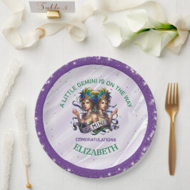Lavendel en groene Tweeling Zodiac Baby Shower Papieren Bordje