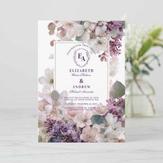 Lavendel en ivoor botanische tuin bruiloft kaart (Staand voorkant)