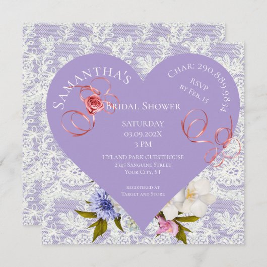 Lavendel en kant hart bruids douche uitnodiging (Voorkant / Achterkant)