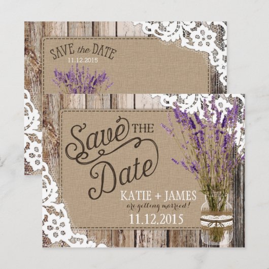 Lavendel en kant rustieke houten planken opslaan d aankondigingskaart (Voorkant / Achterkant)