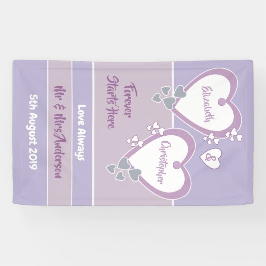 Lavendel en Lila met harten Bruiloft Achtergrond Spandoek (Horizontaal)