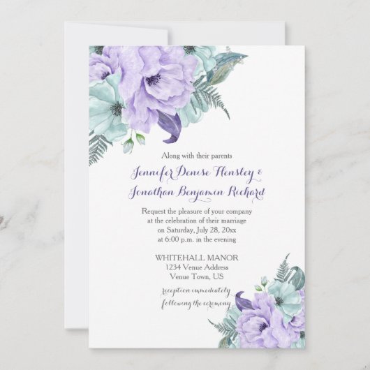 Lavendel en Mint Waterverf Pioenenbruiloft Kaart (Voorkant)