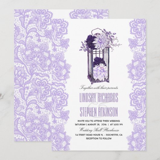 Lavendel en paarse bloemen lantaarn bruiloft kaart (Voorkant / Achterkant)